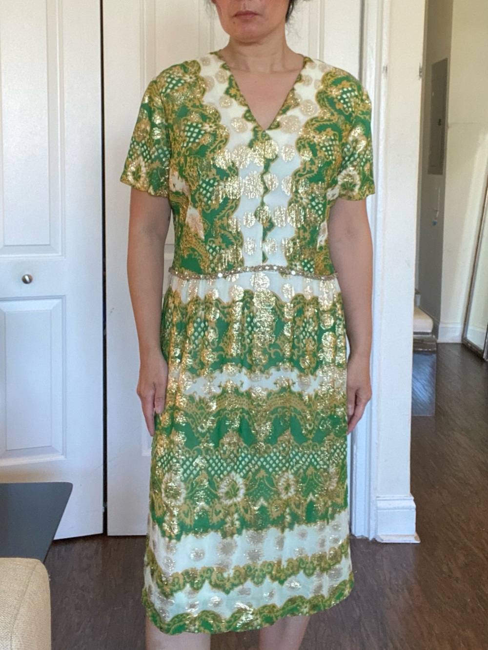 Bonwit Teller 1960s Green & Gold Midi Dress - estimated size 6, read description